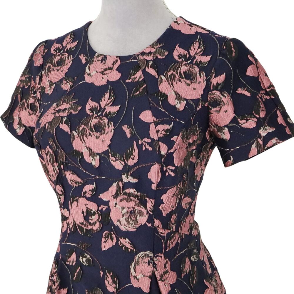 Vince Camuto Dress Womens 6 Navy Blue Pink Floral Brocade Pleated Lined Pockets - Picture 12 of 16